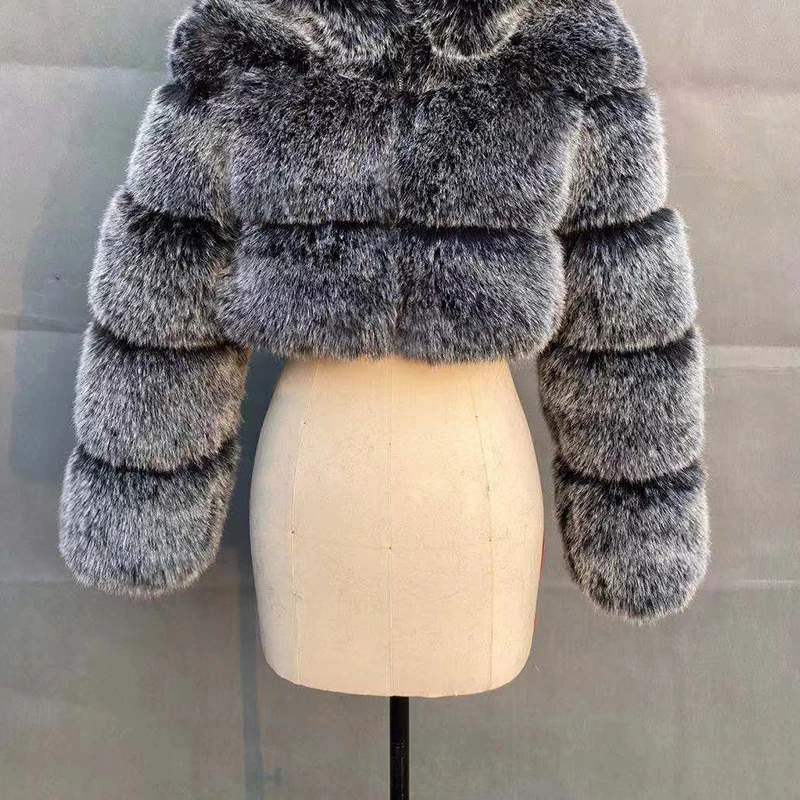 Description Picture 5 of itemZADORIN Women Fashion Cropped Faux Fur Coat Warm Stand Fur Collar Slim Fluffy Fur Jacket Women Winter Fur Coats Streetwear