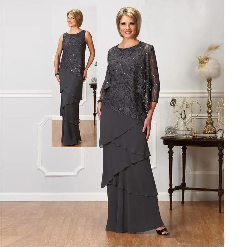 

Tow Pieces Lace Sequins Chiffon Mother of the Bride Dress Unique Skirt Long Evening Gown for Wedding Party