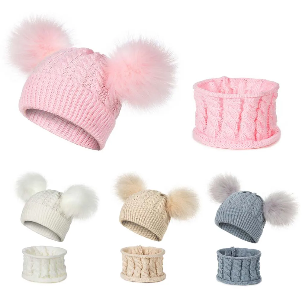 Новинка года; зимний комплект из шапки и шарфа для мальчиков и девочек; детская хлопковая теплая одноцветная Милая шапка унисекс с помпонами