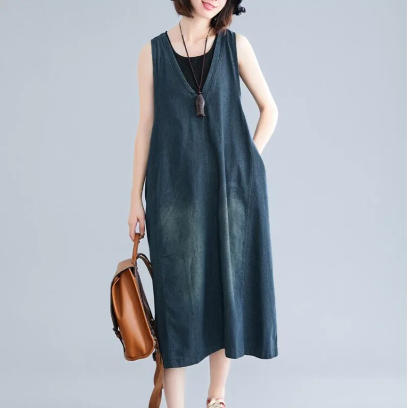 

#2108 Vintage Overalls Denim Dress Women Sleeveless V Neck Loose Jeans Dress Women Female Retro Midi Dress Sexy Loose Summer