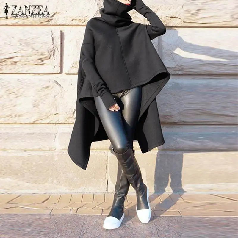 Женские толстовки с капюшоном, ZANZEA, модные топы, Sudaderas Harajuku, ассиметричные толстовки, толстовка с высоким воротником, уличная одежда, 5XL
