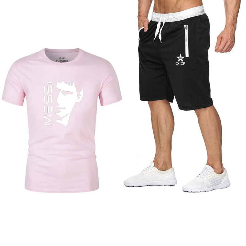 Pink Летний Повседневный Спортивный костюм, футболки с короткими рукавами, серия han, Новая красивая мужская одежда с круглым вырезом, модная спортивная одежда с принтом - Цвет: Pink