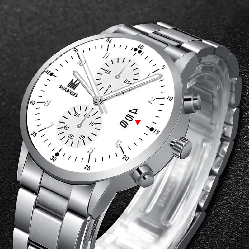 

SHAARMS Luxury Men Silver Watch Stainless Steel Analog Quartz Date Watches Fashion Business Wristwatch Male Sport Clock