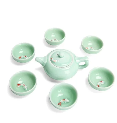 Chinese Tea Set Porcelain Celadon Fish Teacup Set Teapot Drinkware Kung Fu Tea Ceramic Tureen