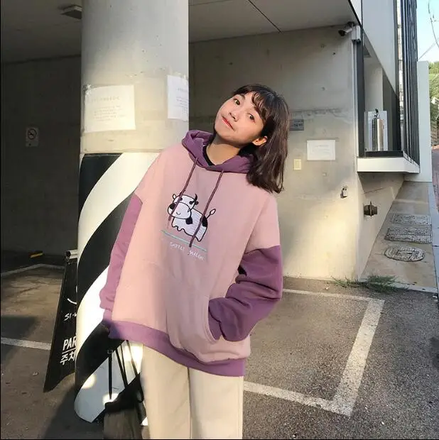 Лаванда Женские кофты японский Harajuku Ulzzang мультфильм вышивка корова печати Толстовка Женская Корейская Kawaii одежда для женщин - Цвет: Лаванда