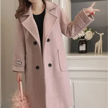

Autumn Winter Women Korean Wool Coats Ladies Solid Casual Coats Overcoat Long Double-Breasted Turn-Down Collar Jakects