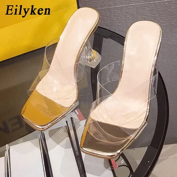 

Eilyken Women Slides Slippers Mules Fashion Square Toe PVC Transparent Cross Strap Strange Perspex Heel Sandals Shoes Size 35-42