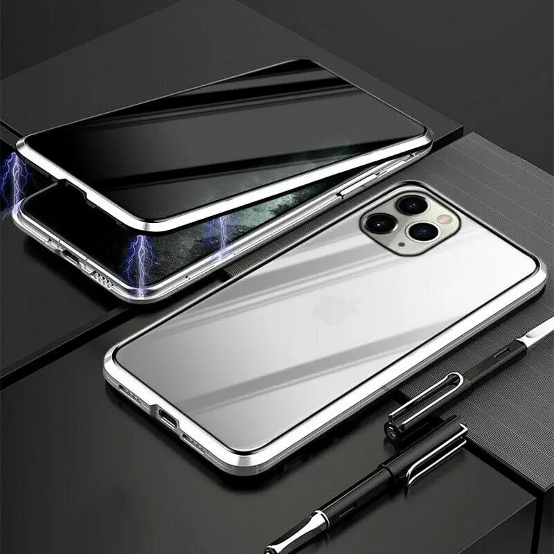 Серебристый Для iPhone 11 Pro Max XS X XR 7 8 6 6S Plus Анти-шпион, двойное стекло, передний+ задний Чехол, Магнитный Флип, металлический бампер - Цвет: Серебристый