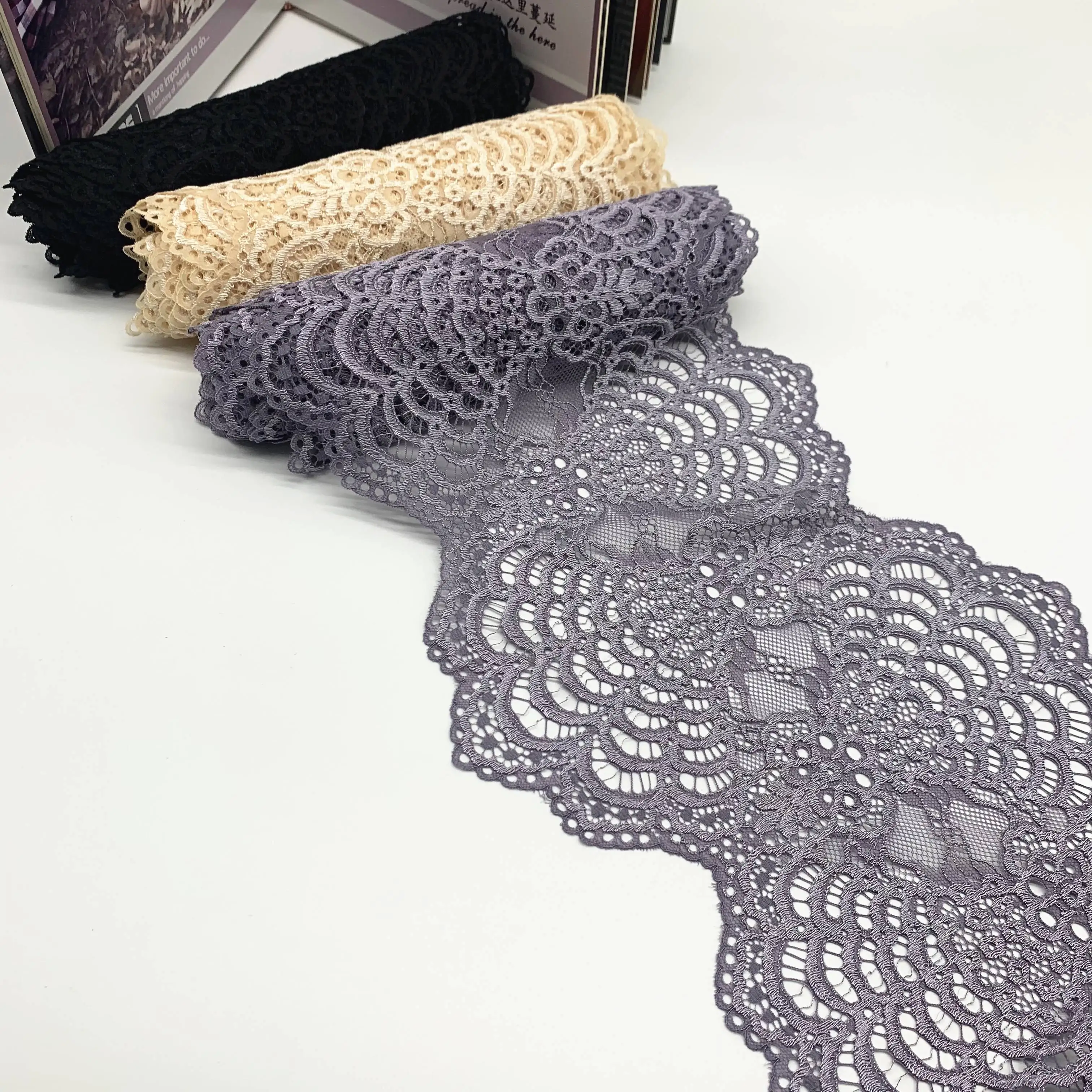 3y/lot Width 21cm 3 colors Grey Blk Elastic Stretch Lace 1