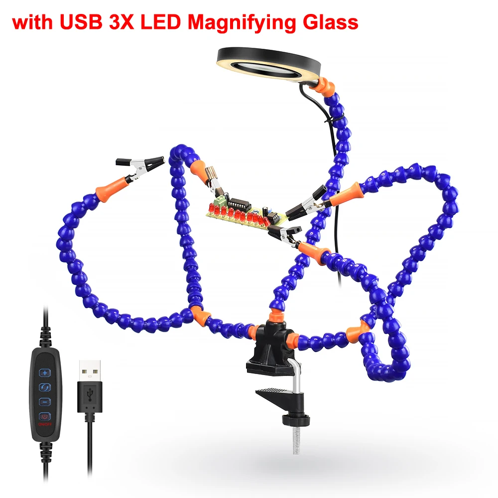NEWACALOX Desk Clip PCB Soldering Holder 3X Magnifier with LED Light Welding Helping Hand Flexible Arm Soldering Third Hand Tool