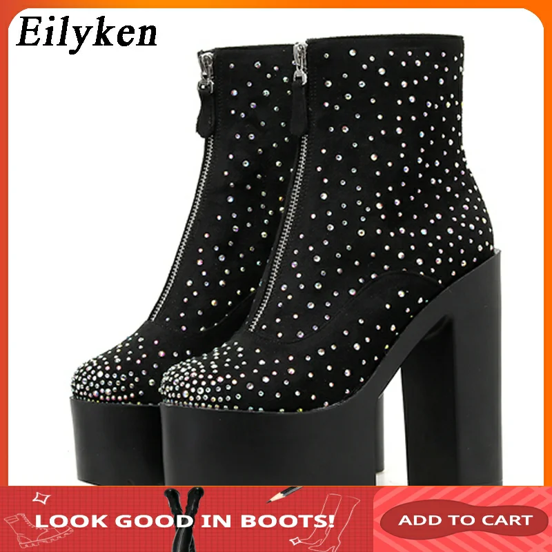 

Eilyken 2019 Winter Thick High Heels Woman Booties Zipper Ankle Boot Fashion Crystal Platform Round Toe Black Female Shoe