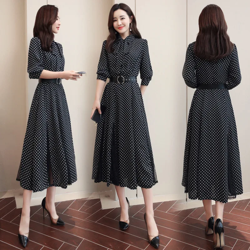 

2019 Spring WOMEN'S Dress New Style Long Sleeve Skirt Polka Dot Chiffon Mid-length Elegant over-the-Knee Long Skirts Dress