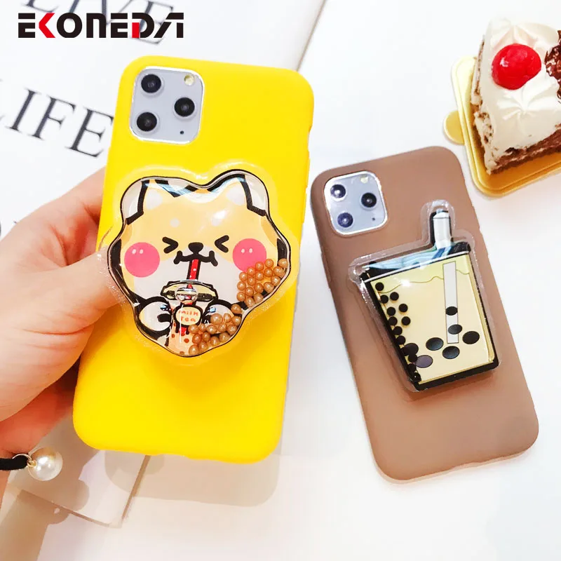 

EKONEDA Cartoon Cute Milk Tea Case For iPhone 11 Pro XS Max X XR SE 2020 6 6S 7 8 Plus Phone Holder Stand Soft Cover Case