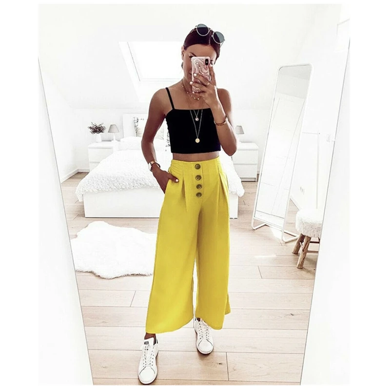 

2019 Fashion Trend Pre-fall Women Casual Unique Button Design High Waist Wide Leg Casual Trousers Loose Baggy Long Solid Pants