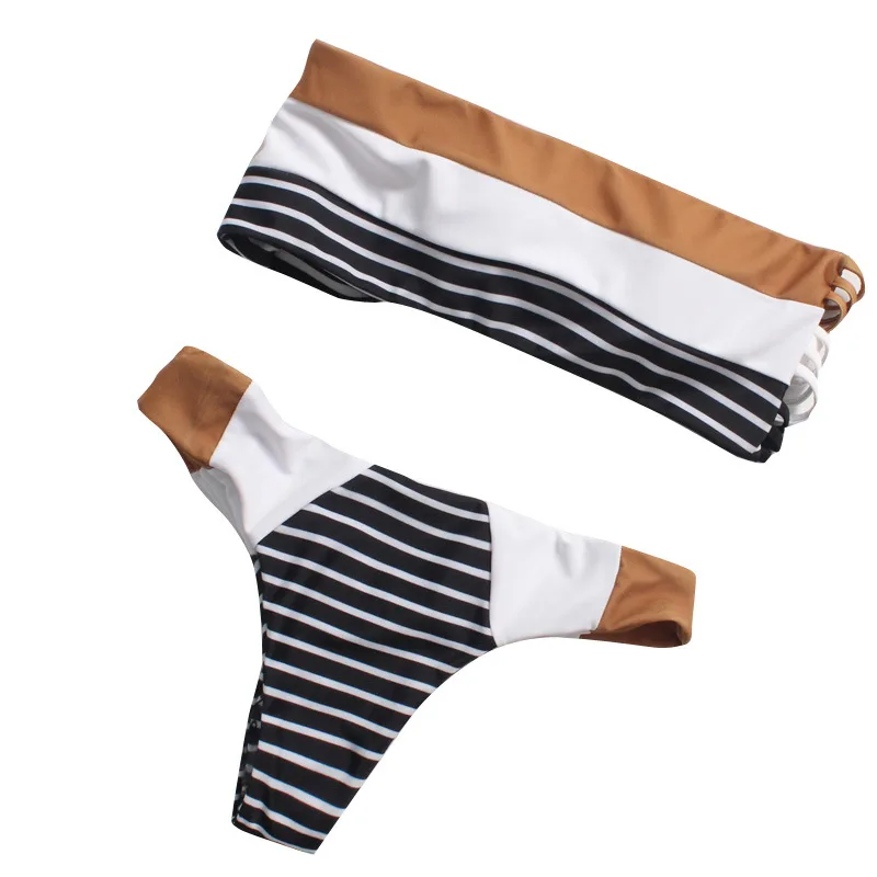 Strapless Bikini 2020 Mujer Swimwear Women Sexy Bathing Suit Two Piece Cut Out Top Striped Bandeau Swimsuit Push Up Biquini S-XL
