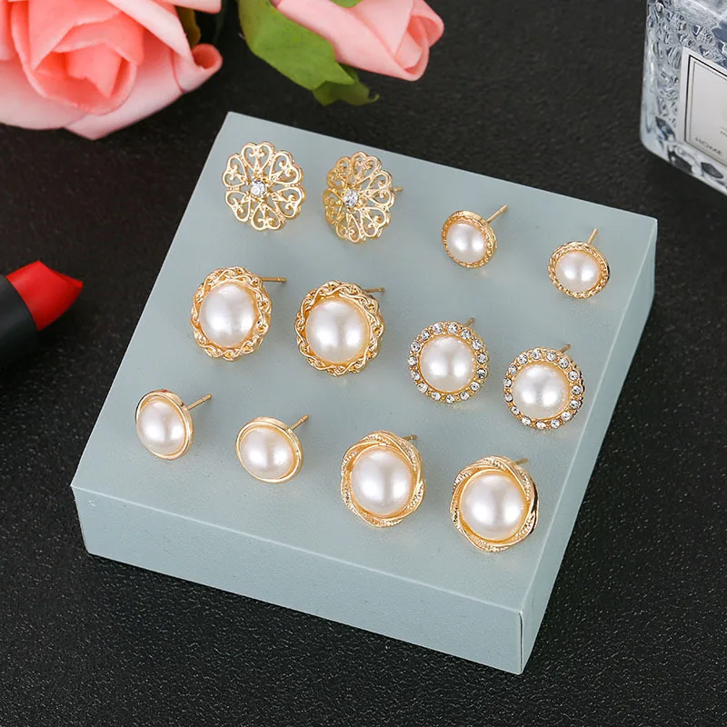 

6 Pairs/set New Stud Earrings Set With Card Fashion Simple Hollow Flowers Earrings Women Imulated Pearl Earrings Wedding Jewelry