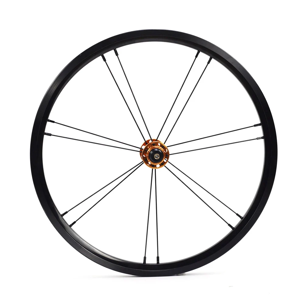 Переднее колесо из сплава 14H G2 с отверстиями для прыжков 1" 1 3/8" 349 обода тормоза для Brompton 3sixty на заказ велосипедные колеса разных цветов - Цвет: orange front 14H