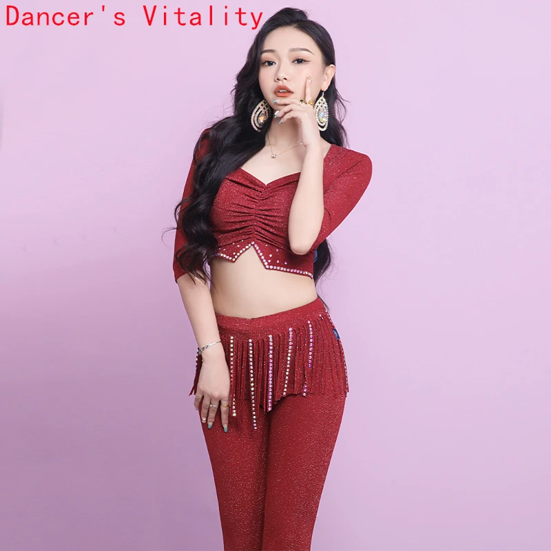 

Женский спортивный костюм для танца живота, спортивный костюм для танца живота, топ + брюки, комплект для танцев, одежда для восточных танцев