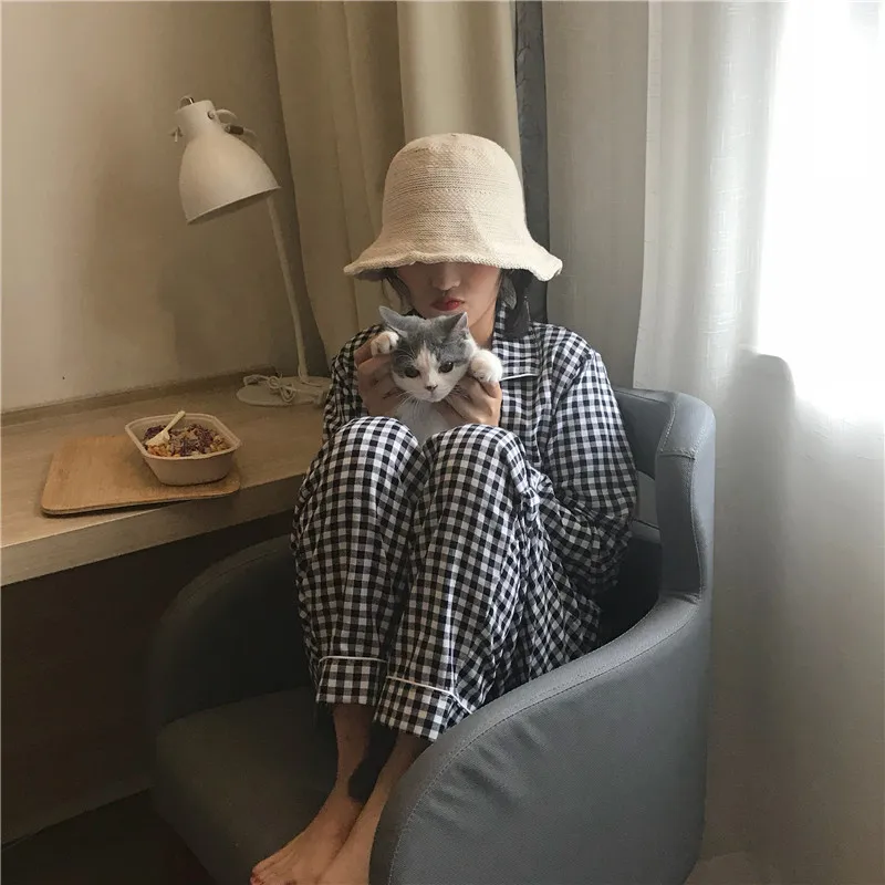 Новые женские пижамы в клетку с принтом, милые пижамы, комплект из 2 предметов, тонкие женские пижамы с длинным рукавом, хлопковая Домашняя одежда, повседневные пижамы