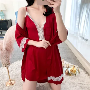 

Sexy Intimate Lingerie Sleep Set BATHROBE GOWN Lady Satin Nightwear Home Clothing Wedding Robe Summer New Sleepwear Nightgown