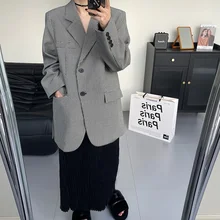 Blazer surdimensionné pied de poule gris pour femme, manteau de costume ample, coréen décontracté, avec ourlets fendus, nouvelle collection automne hiver 2021 