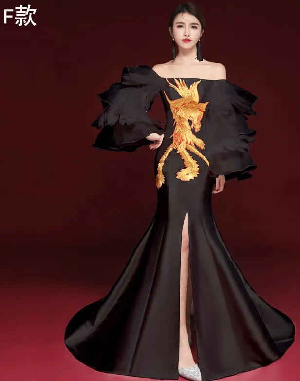 Элегантный черный Cheongsam сексуальный китайский стиль одежды Новинка сценические вечерние шоу годе со шлейфом Robe De Soiree - Цвет: F