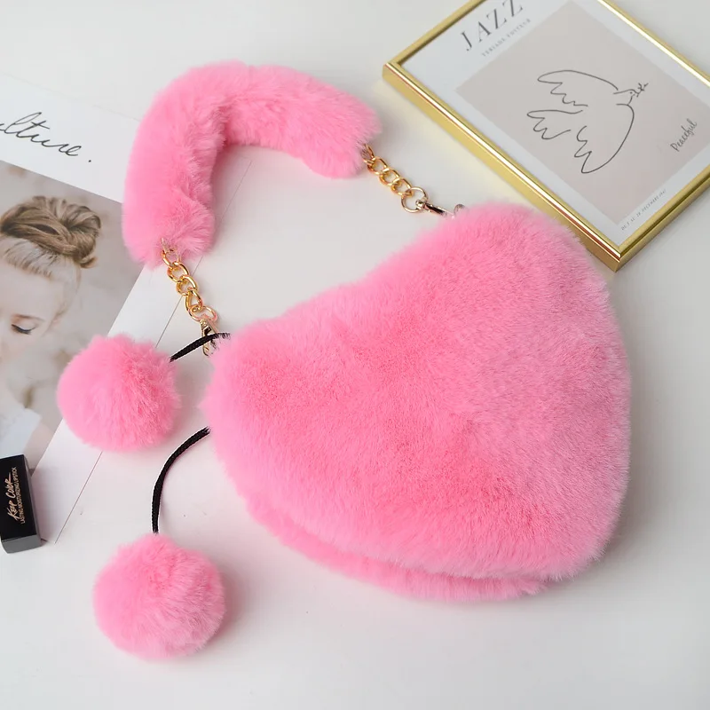 Новинка, женская зимняя сумочка из искусственного меха, женская сумочка в форме сердца, женская модная сумочка для телефона, подарок для девочки-подростка, милые вечерние сумки-тоут - Цвет: pink heart bag