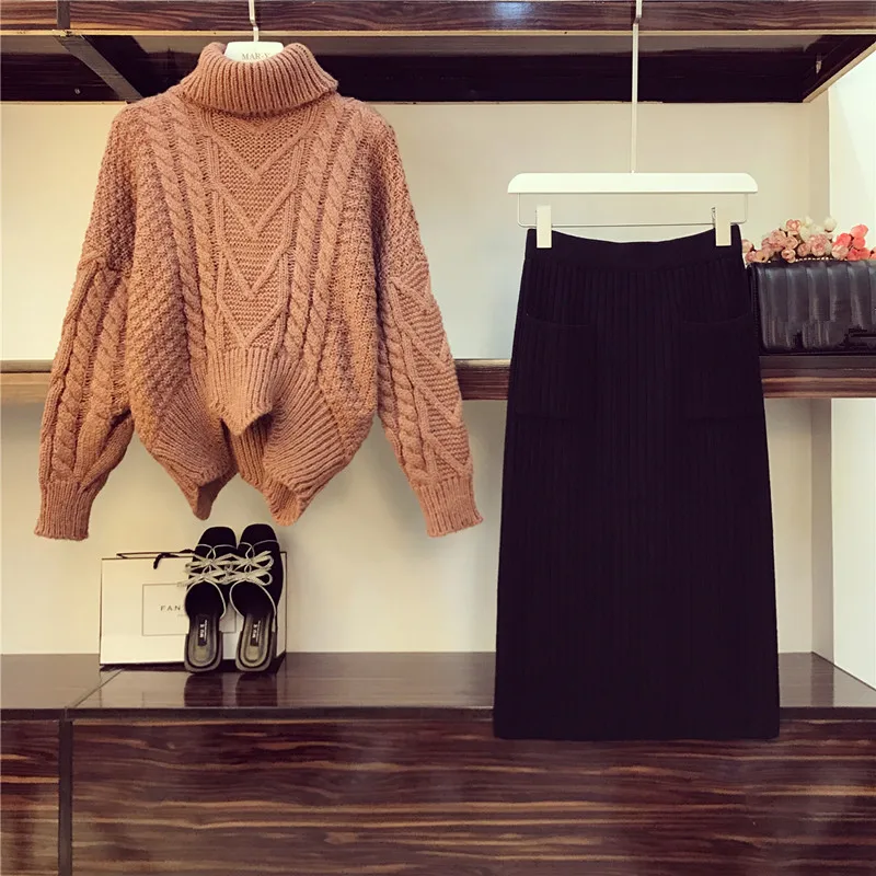 Sweater and Skirt Осень зима теплый толстый свитер костюм водолазка твист свитер неравномерной длины 2 шт черный карман разрез Bodycon трикотажная юбка комплект - Цвет: Sweater and Skirt