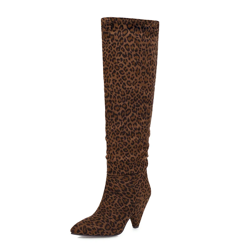 Leopard brown BYQDY/высокие сапоги до колена с леопардовым принтом Осенняя обувь высокие зимние сапоги из флока с острым носком на высоком каблуке без застежки размера плюс 35-47 - Цвет: Leopard brown