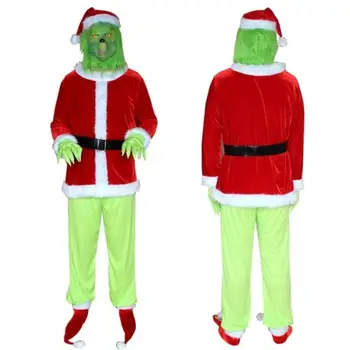 

Christmas Grinch Cosplay Top Pants Footwear Gloves Set Halloween X'mas Cosplay Costumes Green Wool Monster Cos Fake Santa Claus