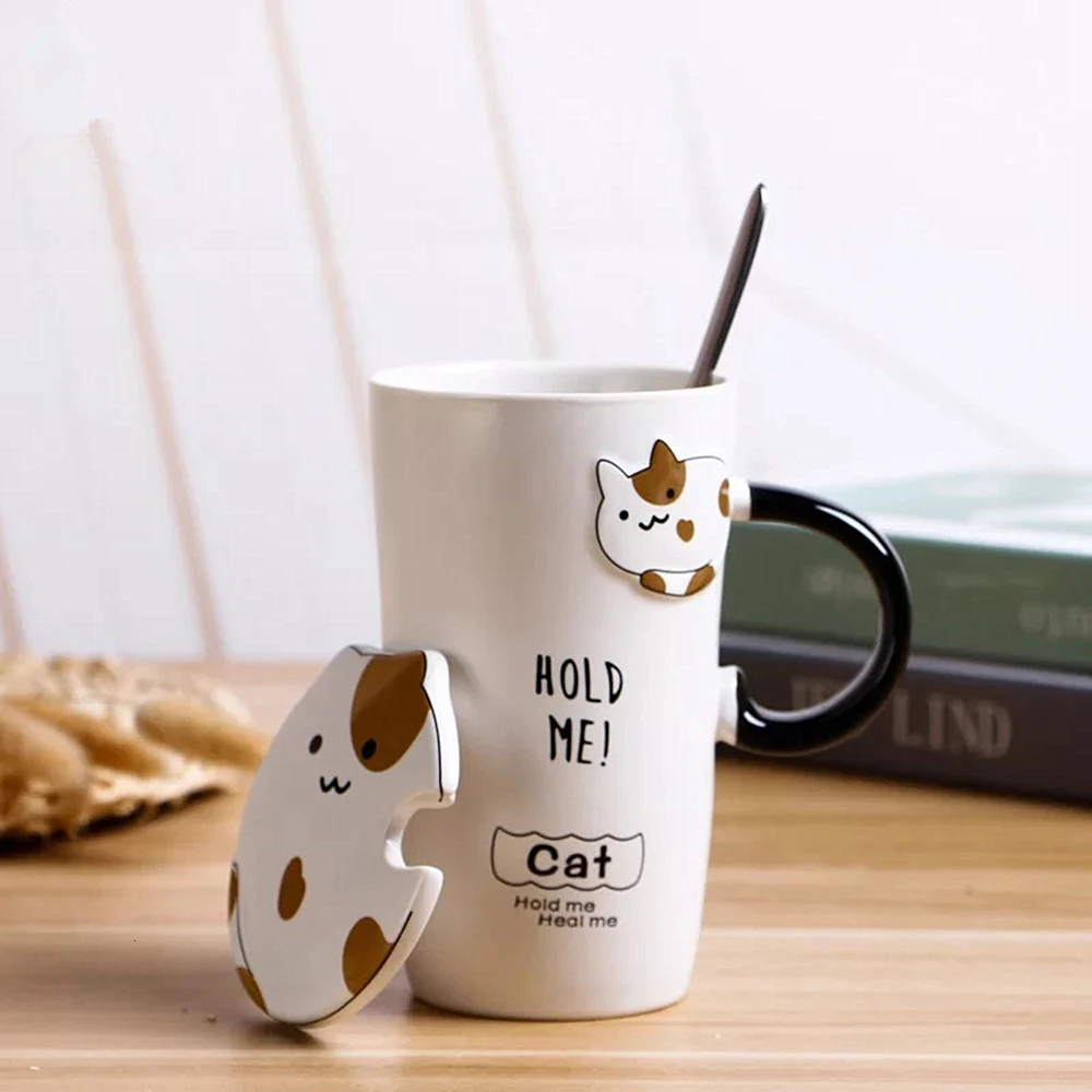 Cute Cat Ceramics Coffee Mug With Lid Large Capacity Animal Mugs creative Drinkware Coffee Tea Cups Novelty Gifts milk cup (5)