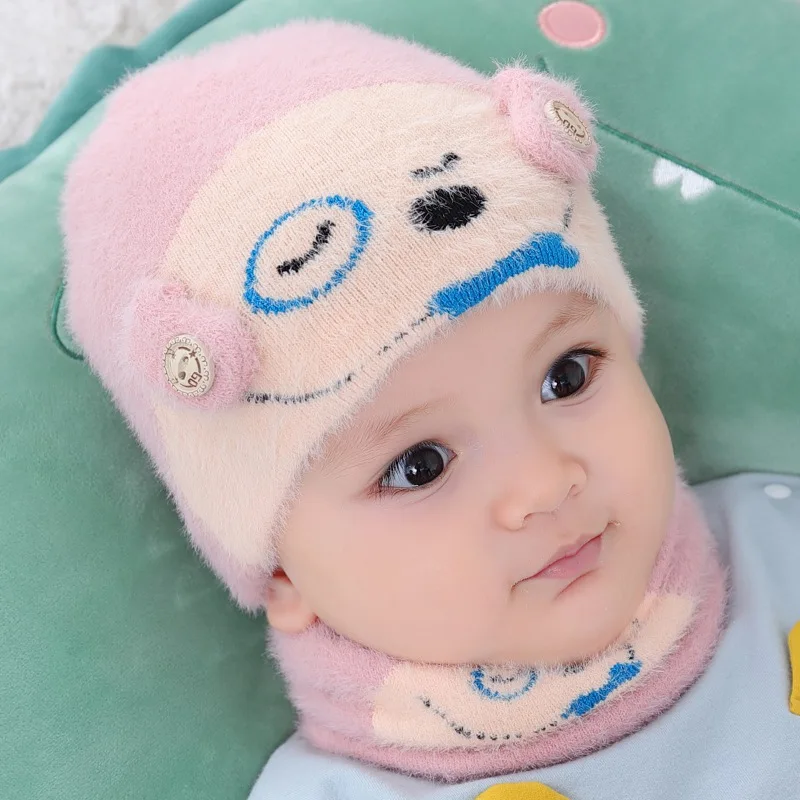Winter Newborn Cute Warmer Kids Girls Boys Baby Set Cartoon Print Hats Knitted Hemming Caps Collar Scarves Hats