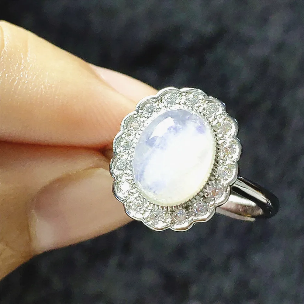 Natural Blue Light Moonstone Crystal Adjustable Ring All Size Women Men 9x7mm 925 Silver Love Gift Fashion Ring AAAAA