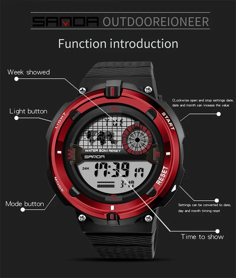 SANDA Brand Man Military Sport Watch Men XFCS Waterproof Luminous LED Digital Watch Male Watches Men Clock