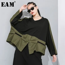 [EAM] женская зеленая Асимметричная футболка контрастного цвета большого размера, новая модная весенне-осенняя футболка с круглым вырезом и длинным рукавом 1N19