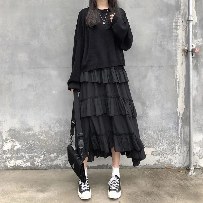 

2021 Irregular Ruffled Cake Skirt Gothic Punk Fashion High Waist Ruffled Skirt Dark/White Mid-Calf Pleated Maxi Harajuku Skirt