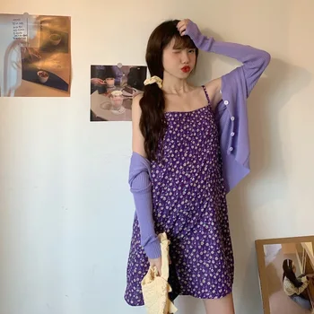 

Photo Shoot 2020 Spring WOMEN'S Dress Sweet Camisole Small Floral Dress + Knit Long Sleeve Small Cardigan Coat Women's