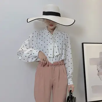 

Women Blouse Chiffon Shirt Spring 2020 New Fashion Polka Dot Lantern Sleeve Temperament Modern Office Lady Bow Tie Collar Tops