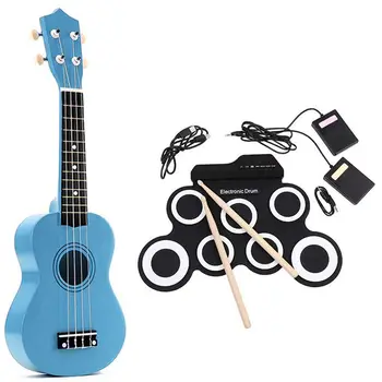 

21 Inch Soprano Ukulele (Light Blue) with Digital Electronic Roll Up Drum Pad Set Kit