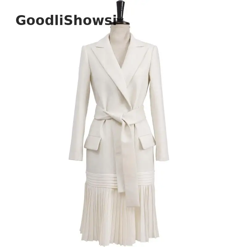 GoodliShowsi Normcore модное женское белое платье-блейзер с зубчатыми лацканами и карманами плиссированное платье с поясом