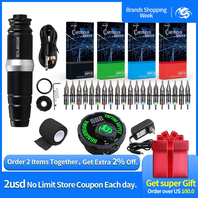 

Professional Tattoo Rotary Pen Kit RCA Machine Set With Mini Power Tattoo Cartridge Needles Supply