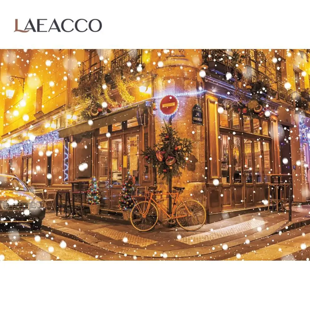 

Laeacco Winter Old Town Merry Christmas Festivals Street Snowflake Car Corner Scenic Photo Background Photo Backdrop Photostudio