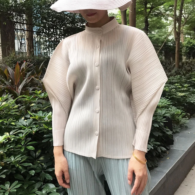 MIYAKE плиссированная блуза Осенняя новая Однотонная рубашка с воротником-стойкой на одной пуговице