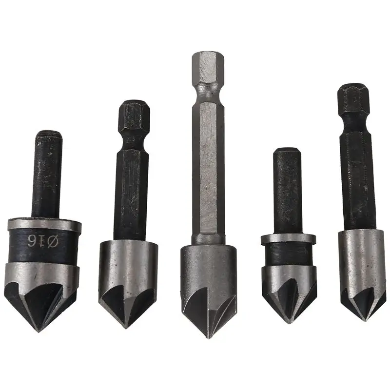 

TOP 5pc Industrial 5 Flutes Countersink Drill Bit Set Wood 45 Steel Working Chamfer