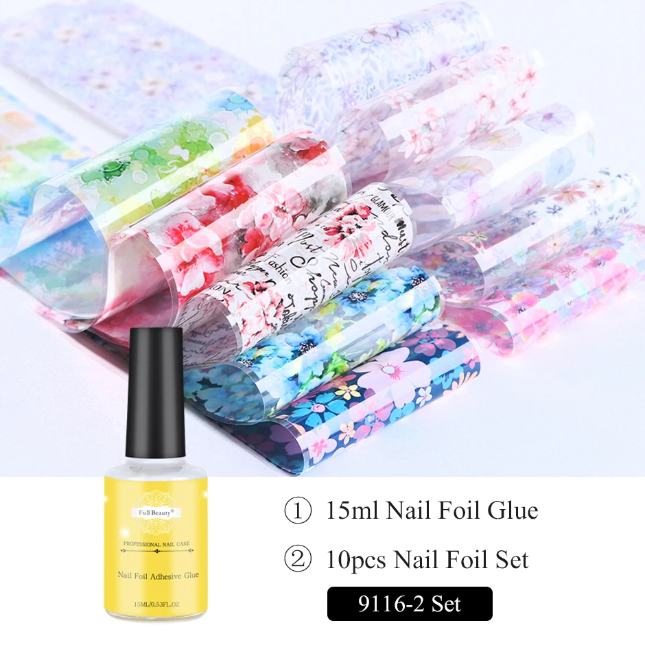 9116-2 Set Клей для ногтей, набор фольги, цветочный лист, леопардовый дизайн, бумага для ногтей, Гель-лак, обертывания, маникюрные украшения, CH1538-1 - Цвет: 9116-2 Set
