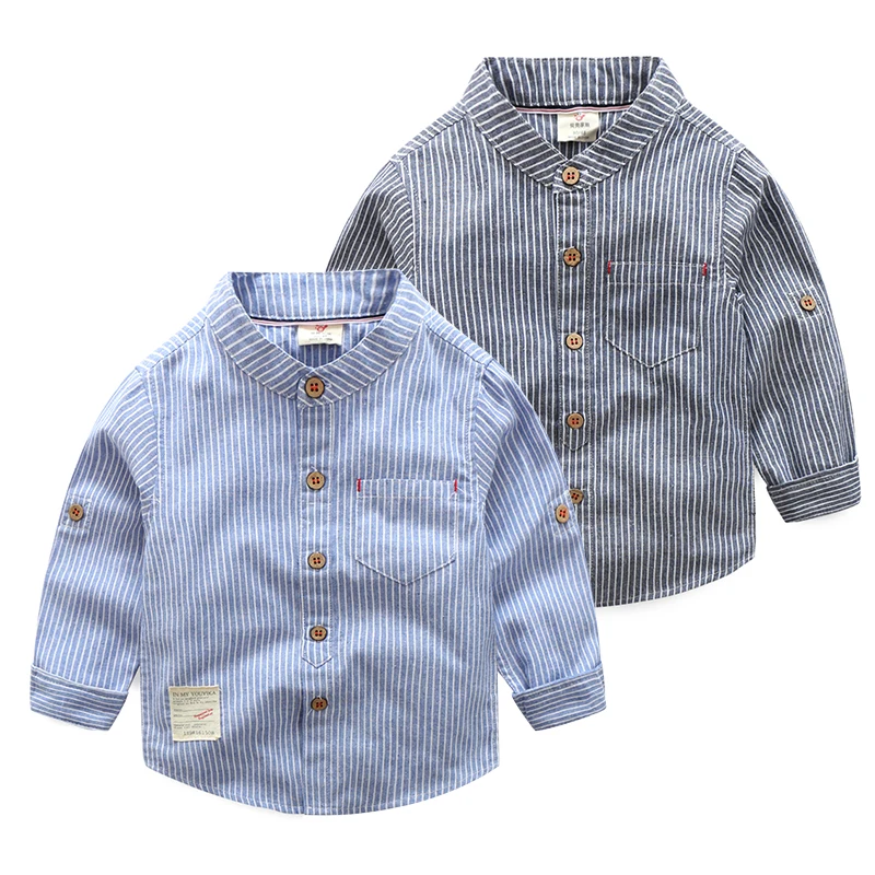 Spring Autumn 2 3 4 6 8 10 Years New Design MANDARIN COLLAR Long Sleeve Pocket Classic Striped Shirts For Kids Baby Boys