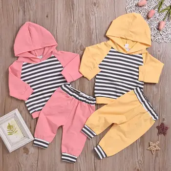 

2019 Baby Boys Girls Outfits Cotton Long Sleeve Striped Hoodies Coat + Pant 2pcs Clothes set for Kids 3-24M