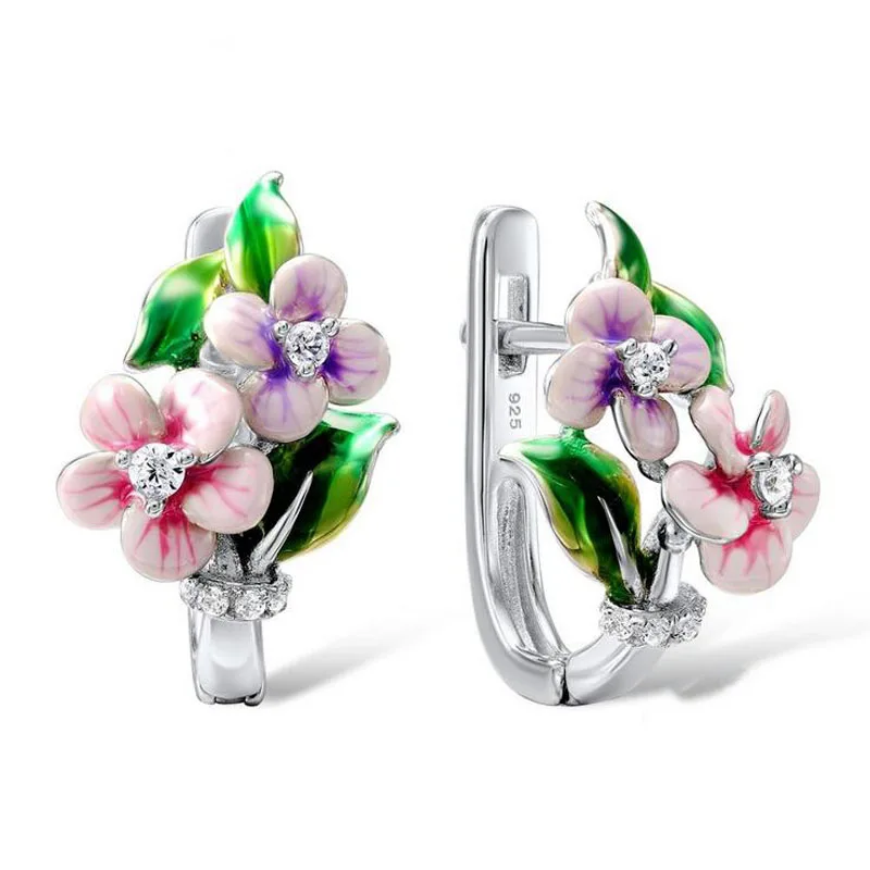 earring Модного серебристого цвета, Розовая эмаль, циркониевый цветок, набор украшений для женщин, креативные вечерние ожерелья, серьги, кольцо, подарок, ювелирное изделие - Окраска металла: earring
