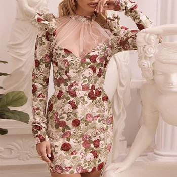 

Ruffle Floral Print Sexy Mesh Transparent Dress Women Mini Patchwork Club Summer Elegant Long Sleeve High Street Streetwear Tube