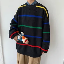 Winter Thick Sweater Men Warm Fashion Sweter Contrast Color Casual Knit Sweaters Men Loose Striped Pullover Male Clothes